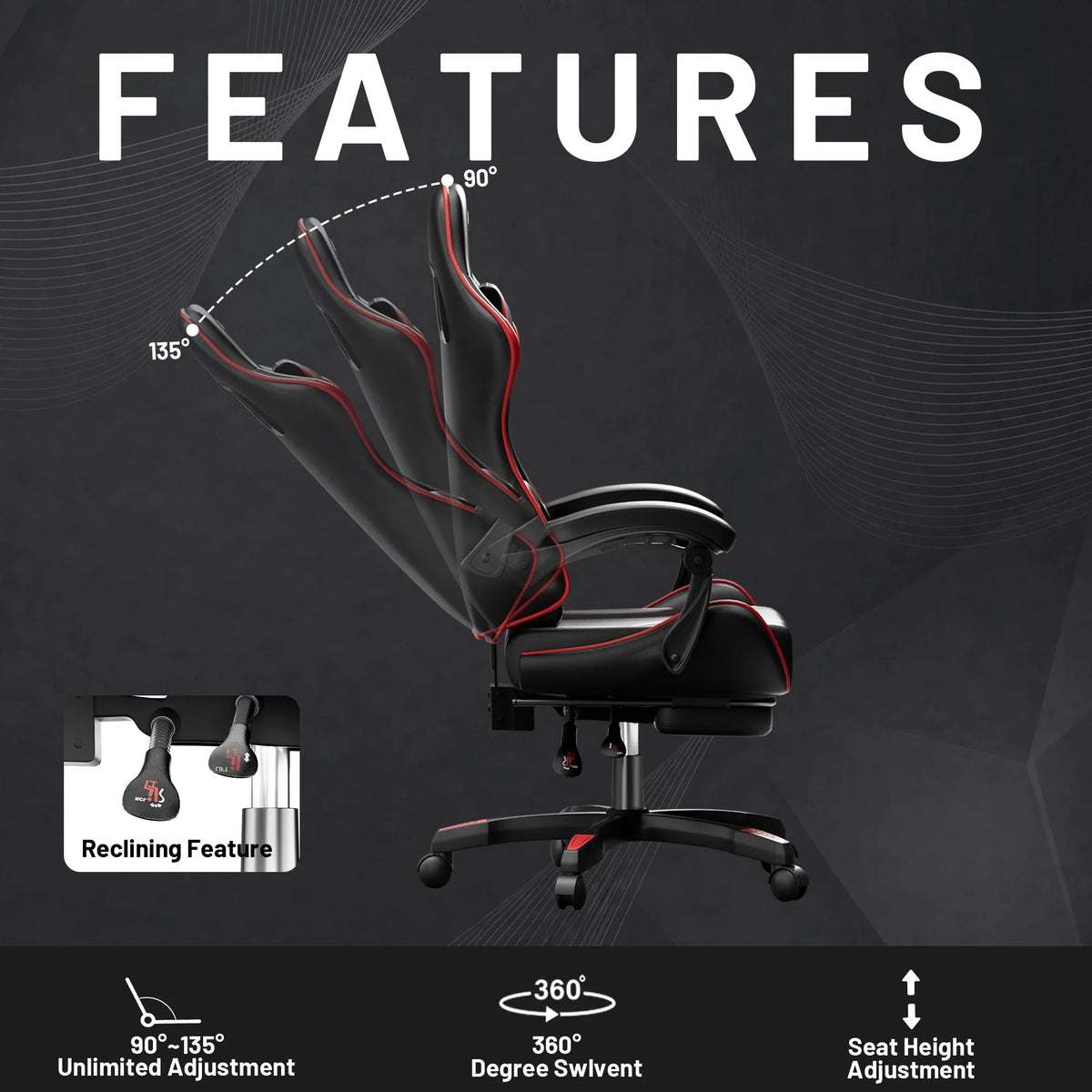 Features guide for a black gaming chair highlighting reclining functionality and height adjustment