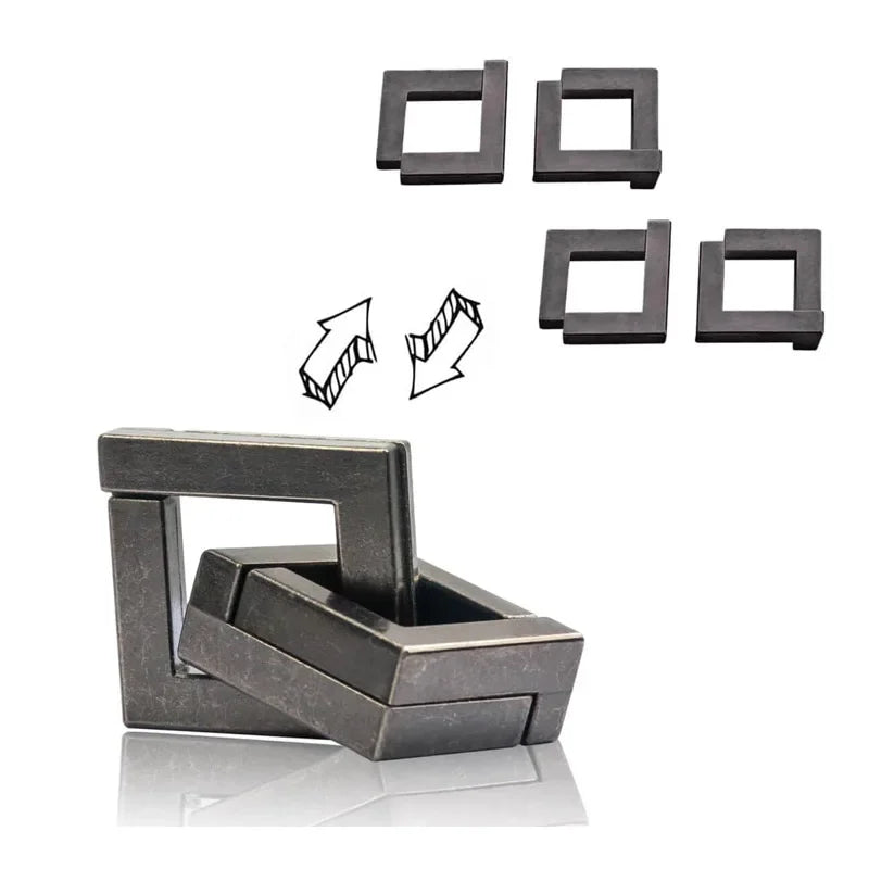 Metal square link disentanglement puzzle with separate pieces