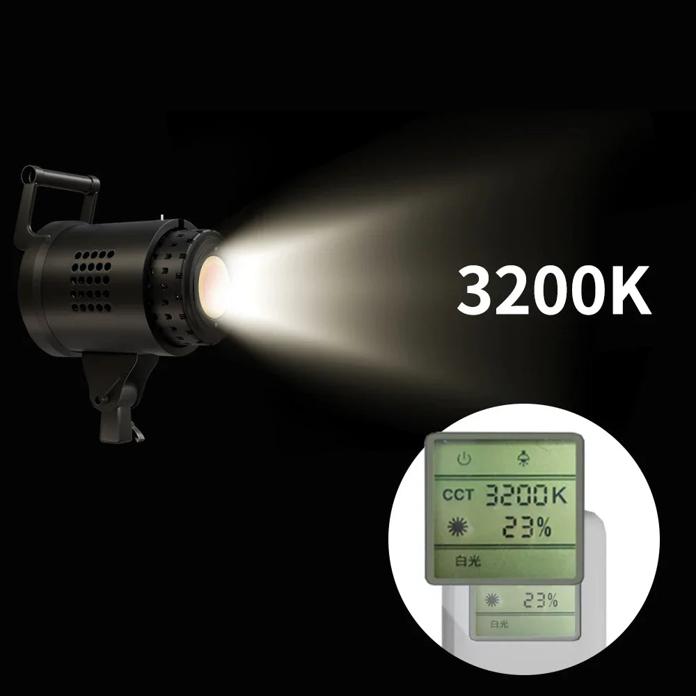 Studio photography LED light emitting warm 3200K light with a remote control showing the setting