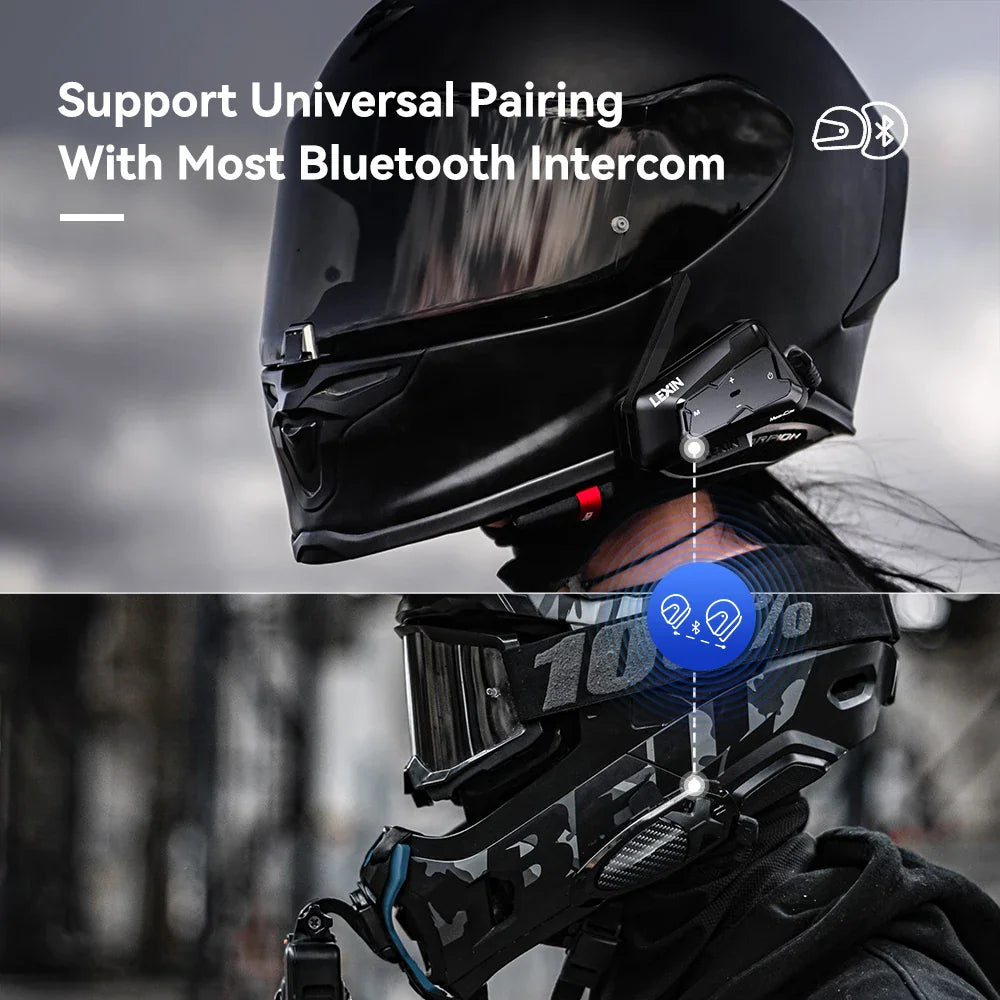 Motorcycle helmets with intercom units attached demonstrating universal Bluetooth pairing