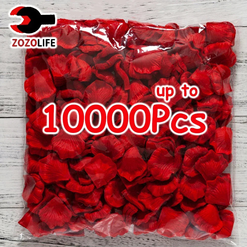 A clear plastic bag filled with many artificial red rose petals.