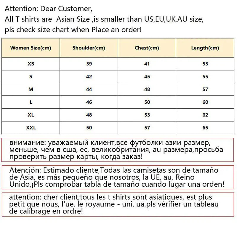 Size chart table for t-shirts with information in multiple languages