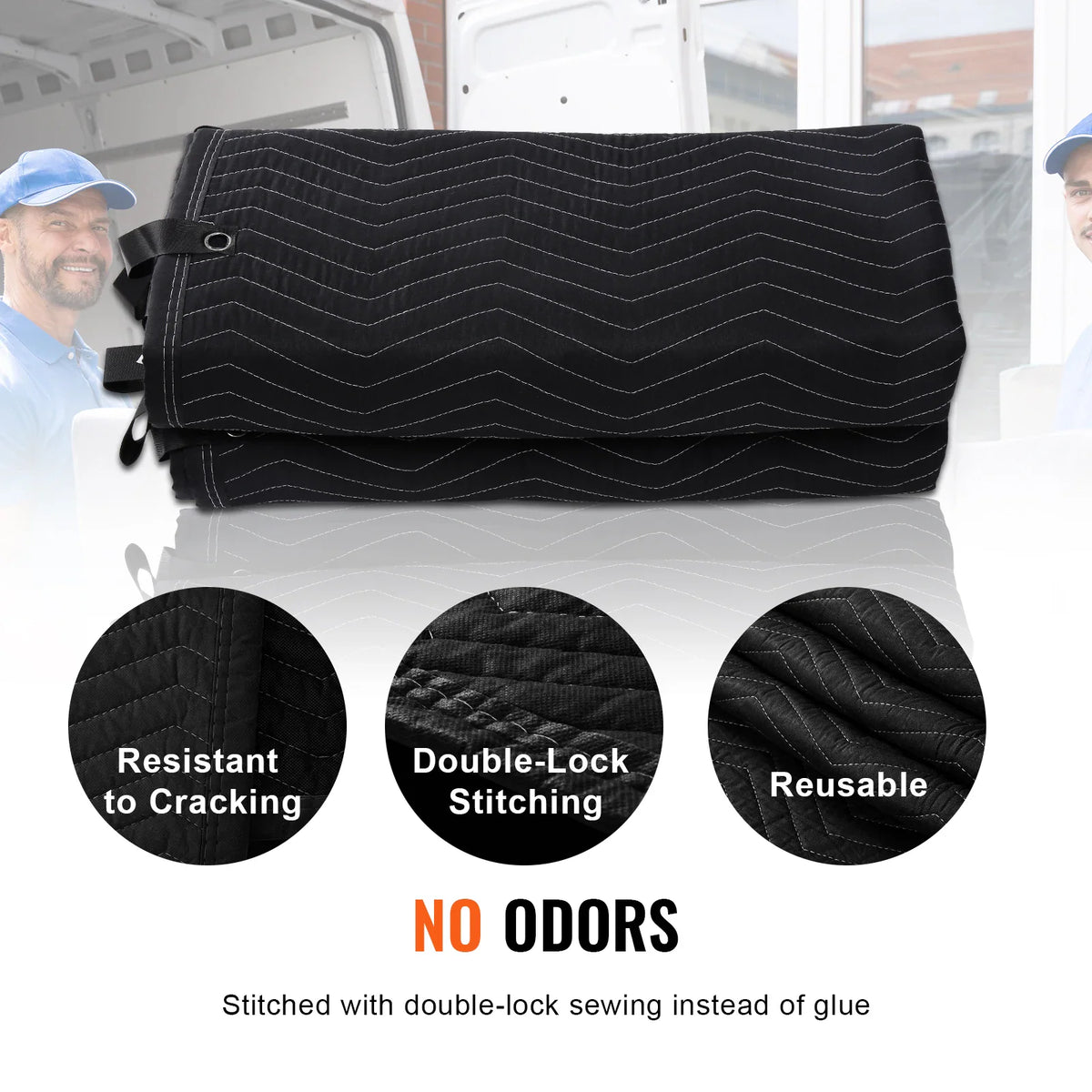 A folded sound-dampening blanket with detailed close-ups of stitching and fabric texture