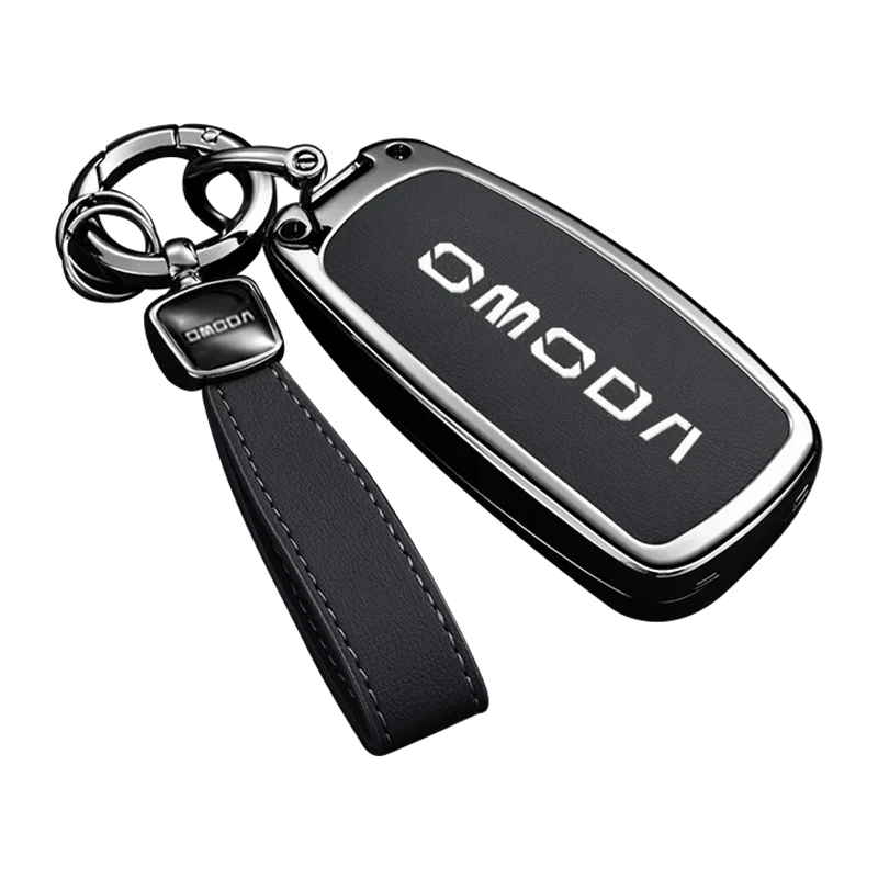 Black car key fob cover with strap and metallic keychain