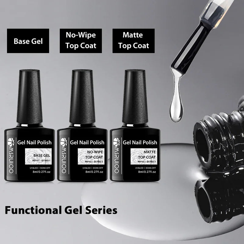 Set of three gel nail polish bottles with base gel, no-wipe top coat, and matte top coat