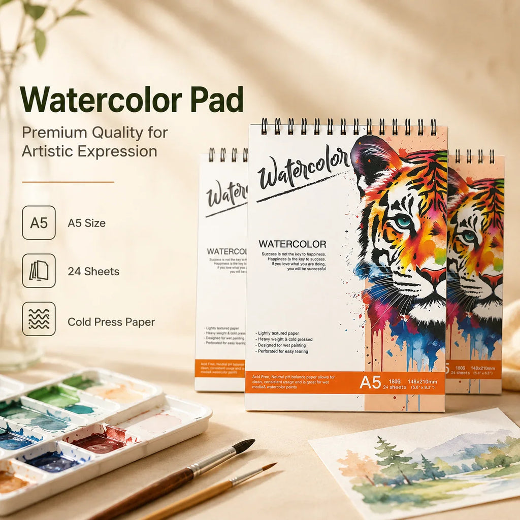 A5 watercolor sketchbook with tiger cover design, multiple sheets, and watercolor painting supplies on desk.