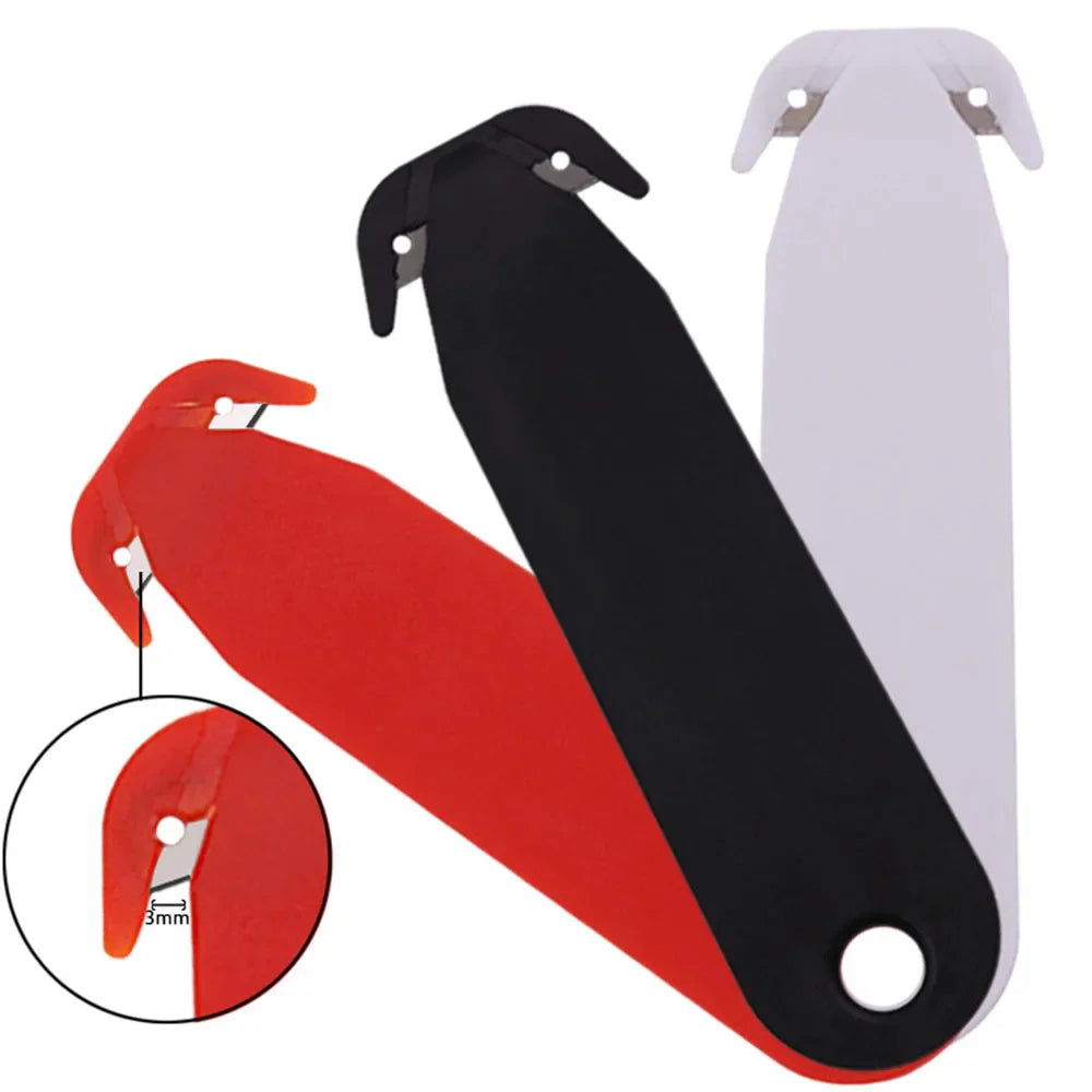 Double-edged safety box cutter with a plastic handle and exposed stainless steel blade