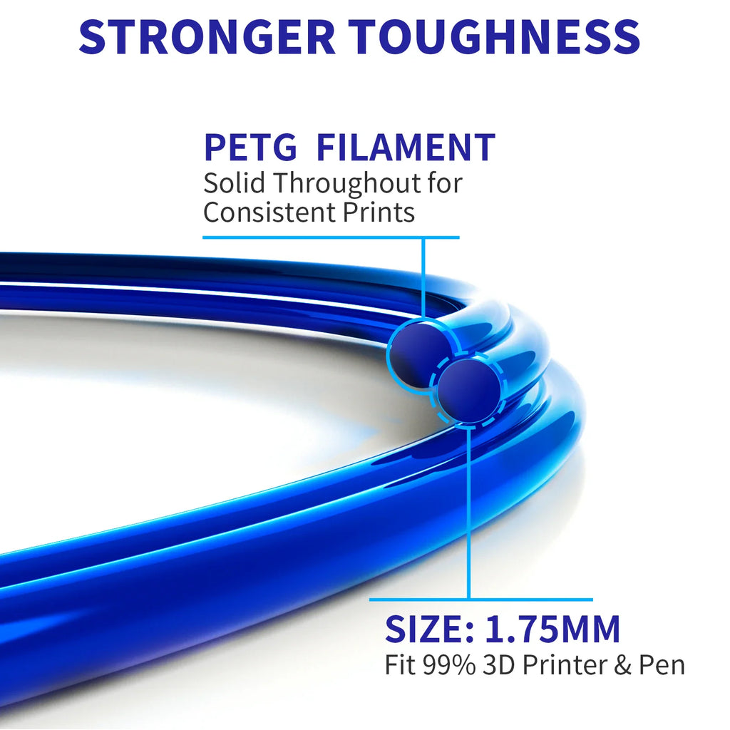 Blue PETG 3D printer filament strand showing 1.75mm diameter