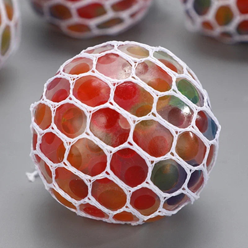 Multi-coloured water bead stress relief ball in a white mesh net