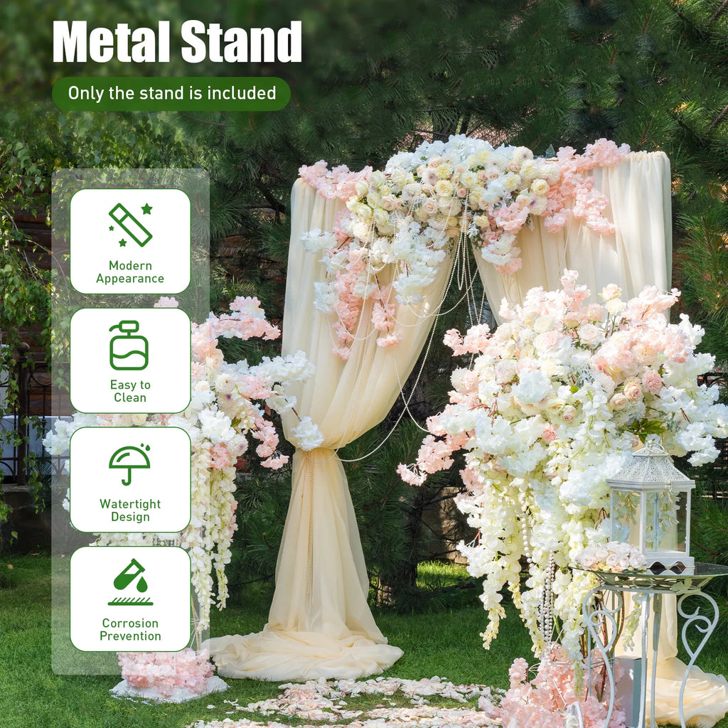 Golden square arch stand with floral drapes and decorative pedestals in a park