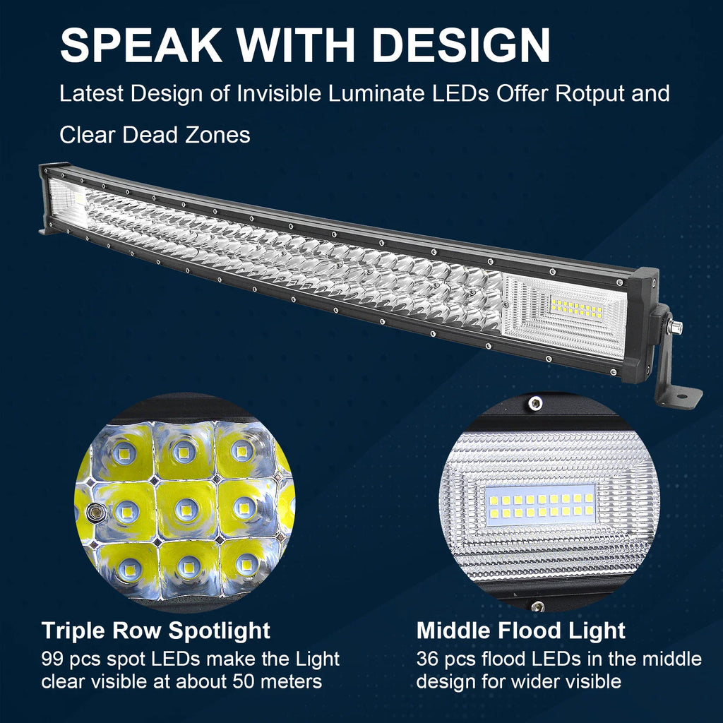Curved LED light bar highlighting triple row spotlight and middle flood light LED chip configuration.