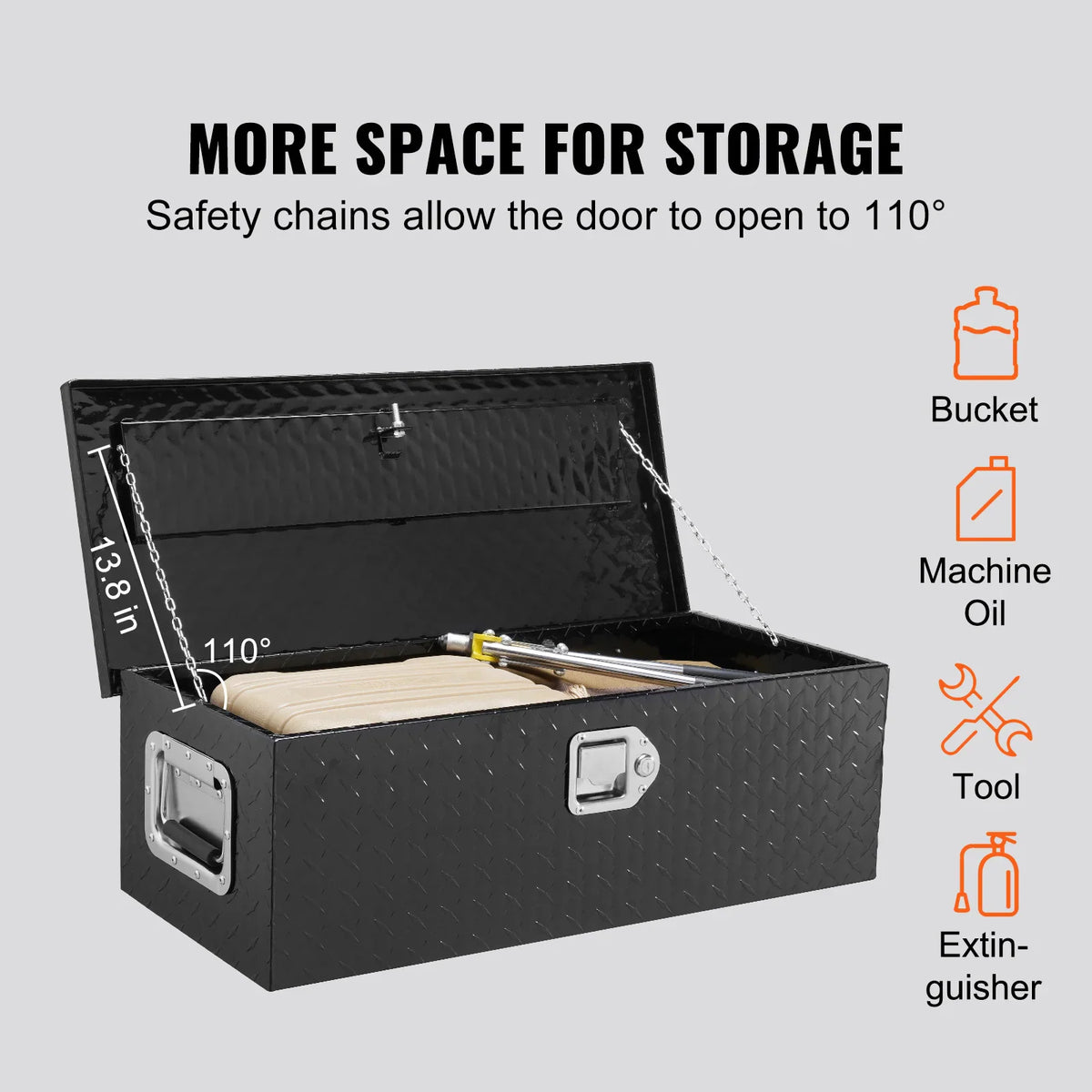 Black truck tool box with open lid showing internal storage capacity and measurements