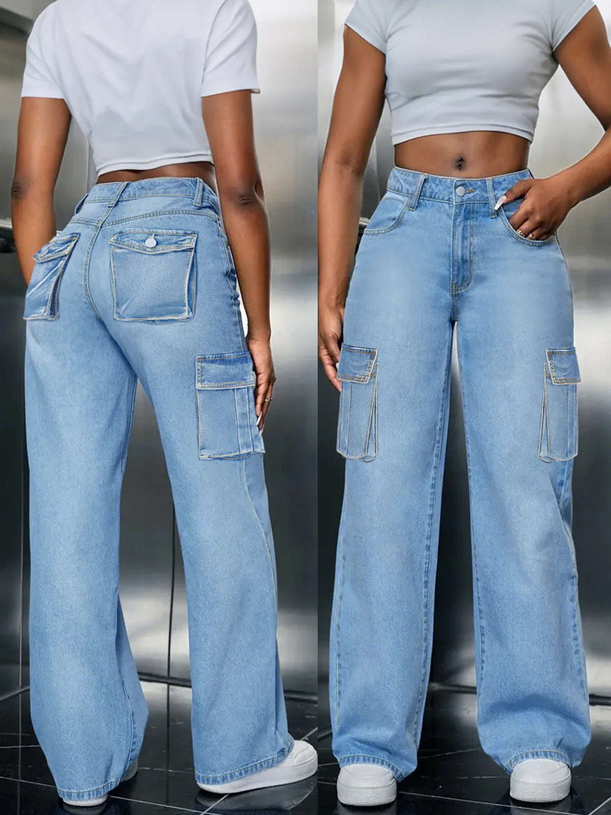 Front and back view of light blue straight leg cargo jeans with utility pockets.
