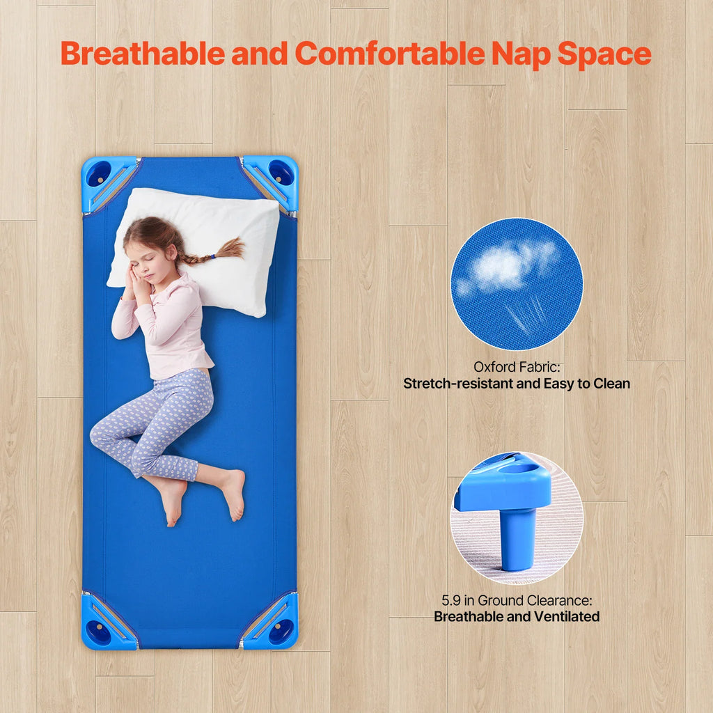 A child sleeping on a blue nap cot with text highlighting its breathable fabric and low ground clearance