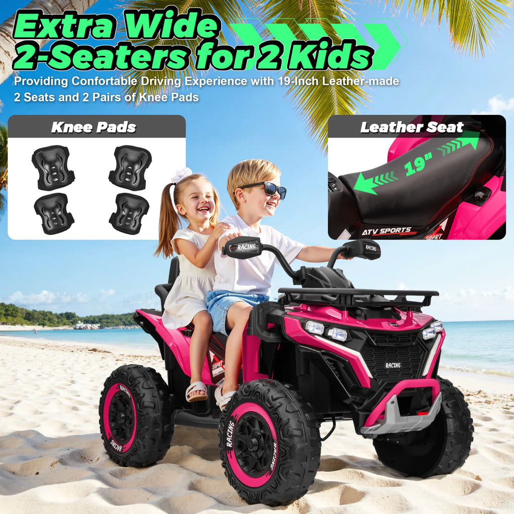Two children on a pink ride-on ATV with callouts for leather seat size and included knee pads