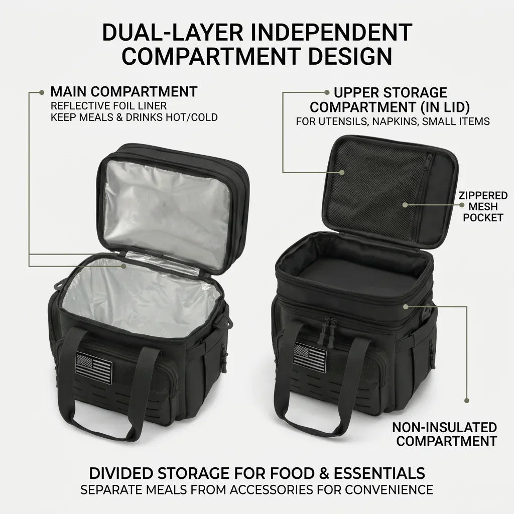Dual layer design of 18L tactical cooler bag with insulated compartments