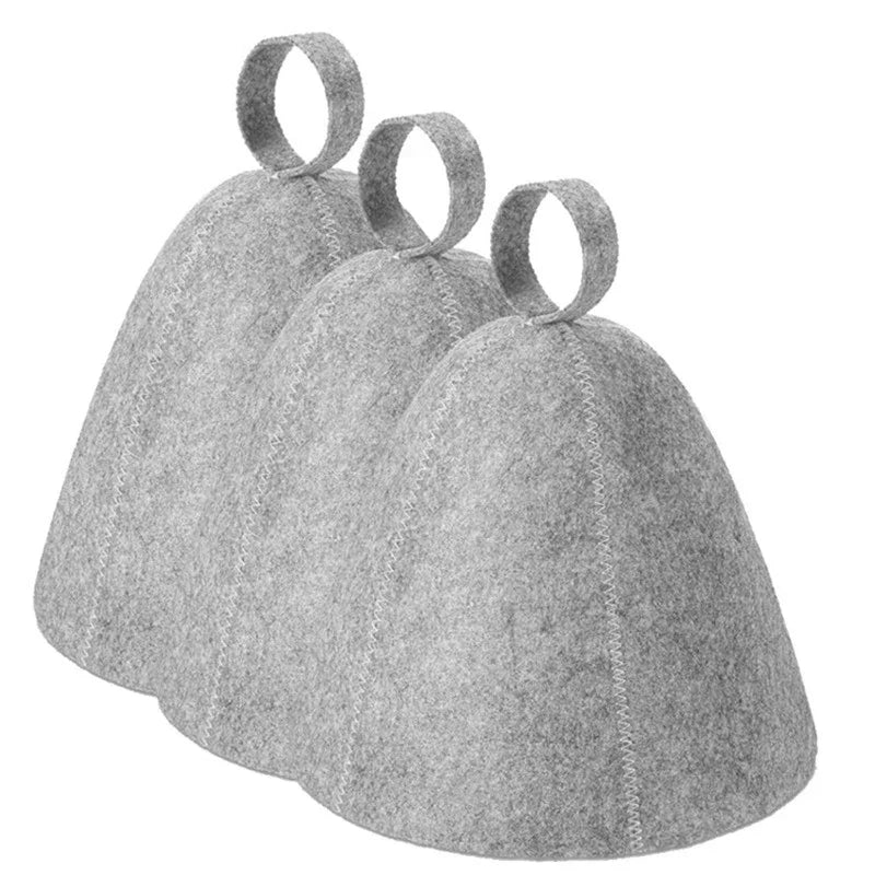 Grey felt sauna hats with hanging loops