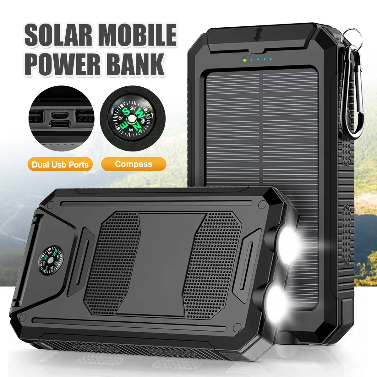 Solar mobile power bank with dual USB ports, compass, and LED flashlight features.