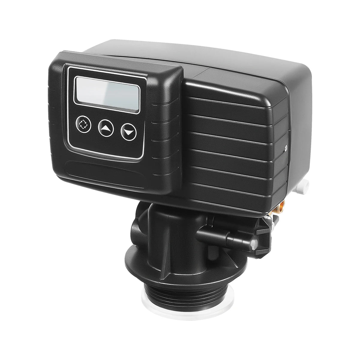 Front view of a black digital control valve for water softening systems with an LCD interface