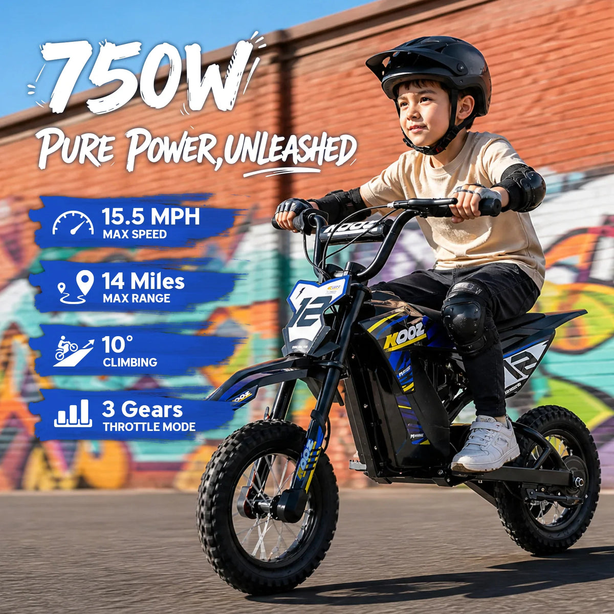 A young boy riding a blue and black electric dirt bike against a graffiti wall background.