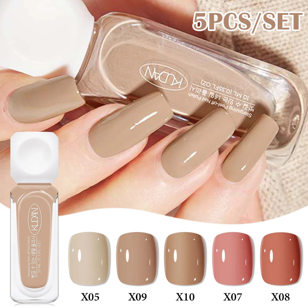 A hand showing off beige peel-off nail polish with a bottle and color swatches labeled X05 to X10.