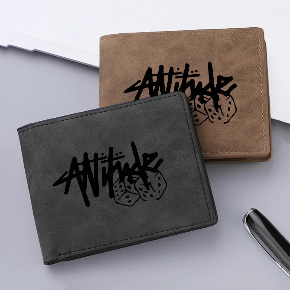Two bi-fold wallets in black and brown with dice and attitude text print