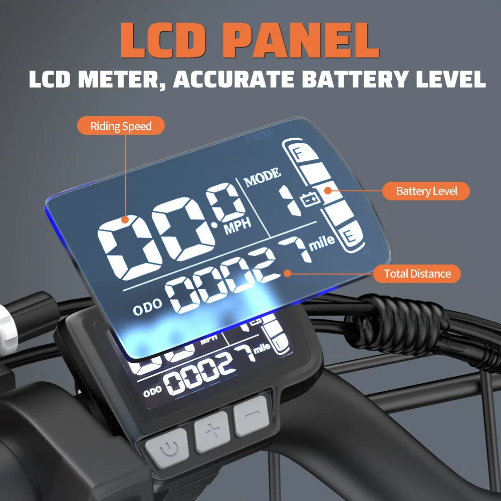 Close-up of an electric bike digital LCD display panel showing speed, distance, and battery level