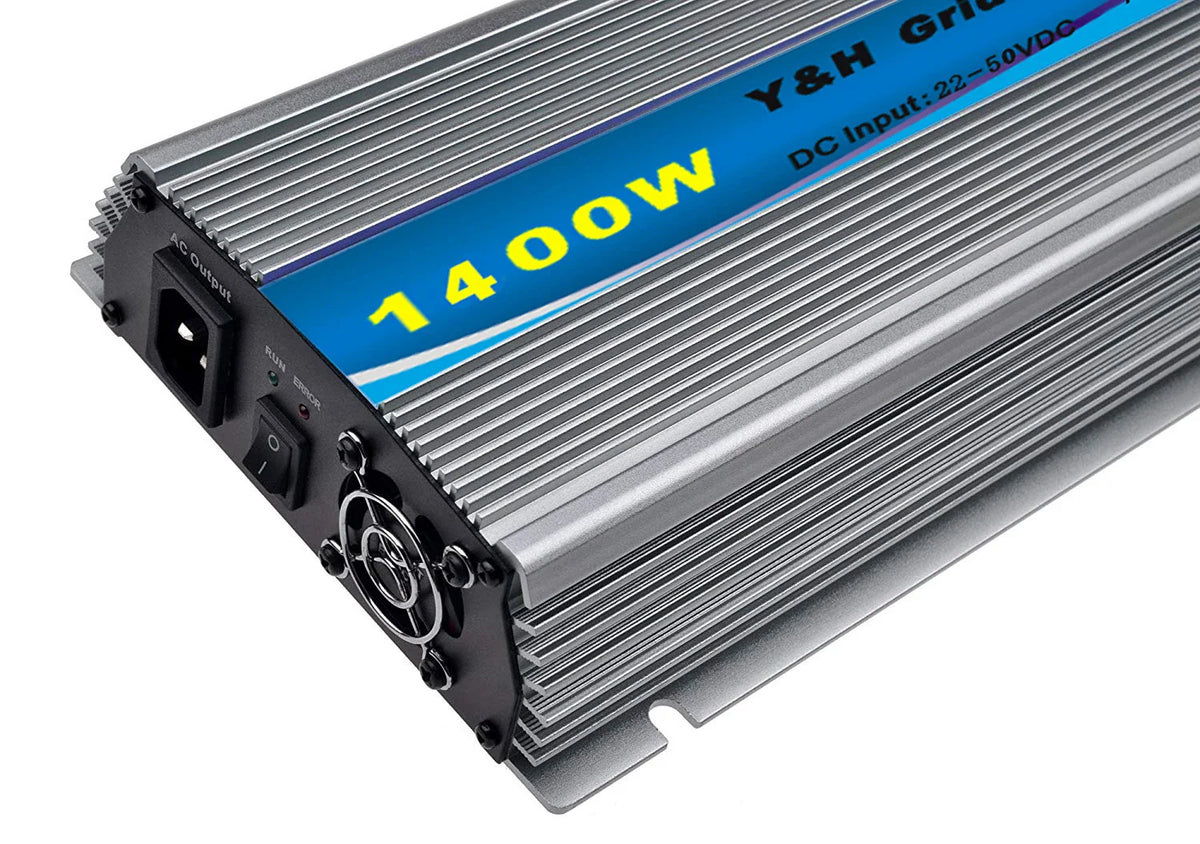 Angled view of a silver 1400W MPPT grid tie solar inverter showing AC outlet and power switch