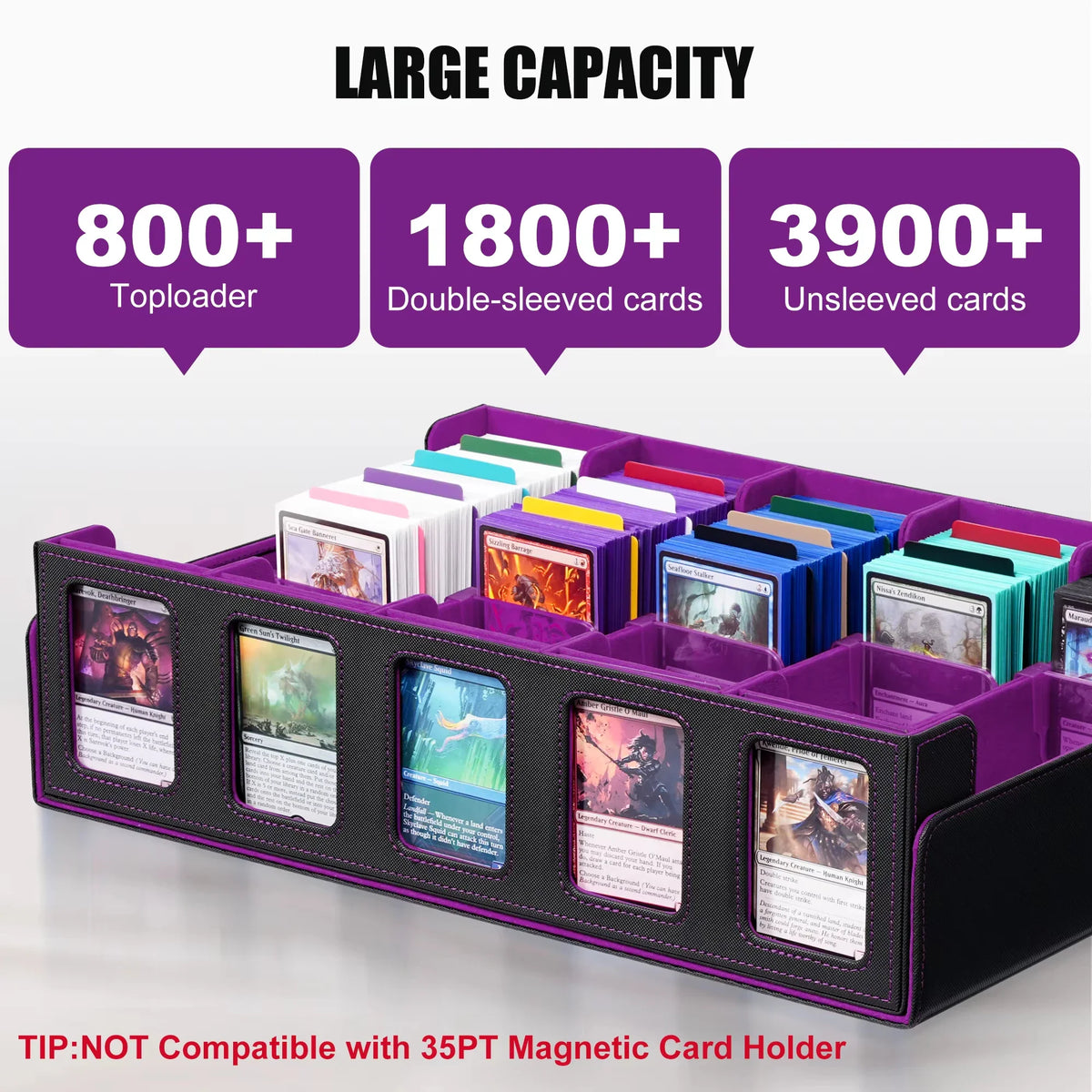 A purple and black trading card storage box showing capacity for different types of card sleeves and toploaders.