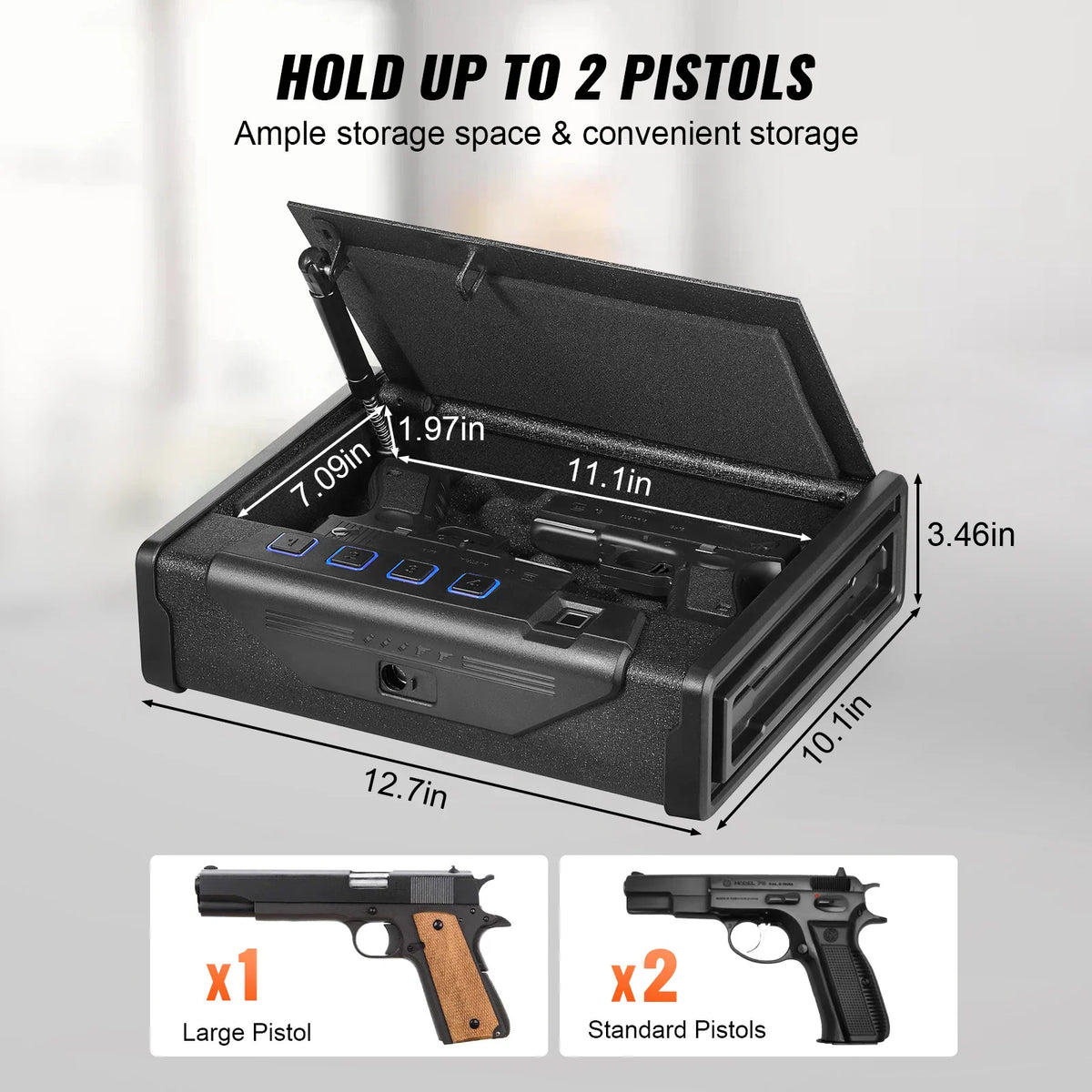 A black pistol safe with dimensions and capacity for two handguns.