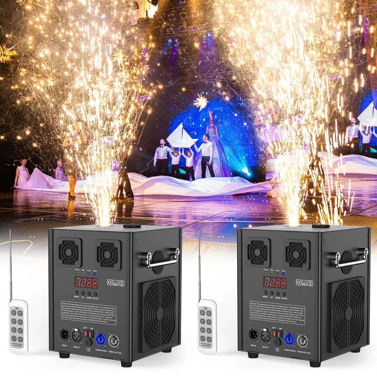 Cold spark machine spraying fireworks at a stage event