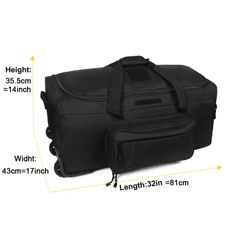 Black rolling tactical duffel bag with size and dimension labels