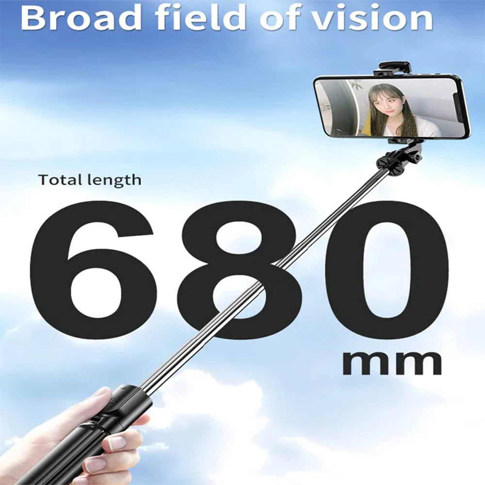 Black wireless selfie stick tripod in tripod mode with a mounted smartphone – view 3