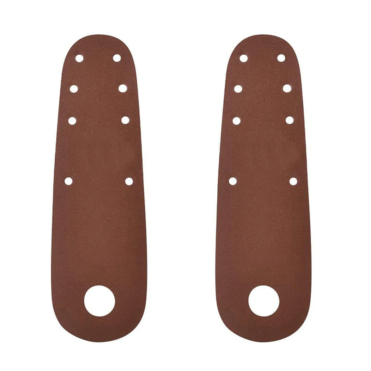 A pair of brown leather roller skate toe guards with lace holes.