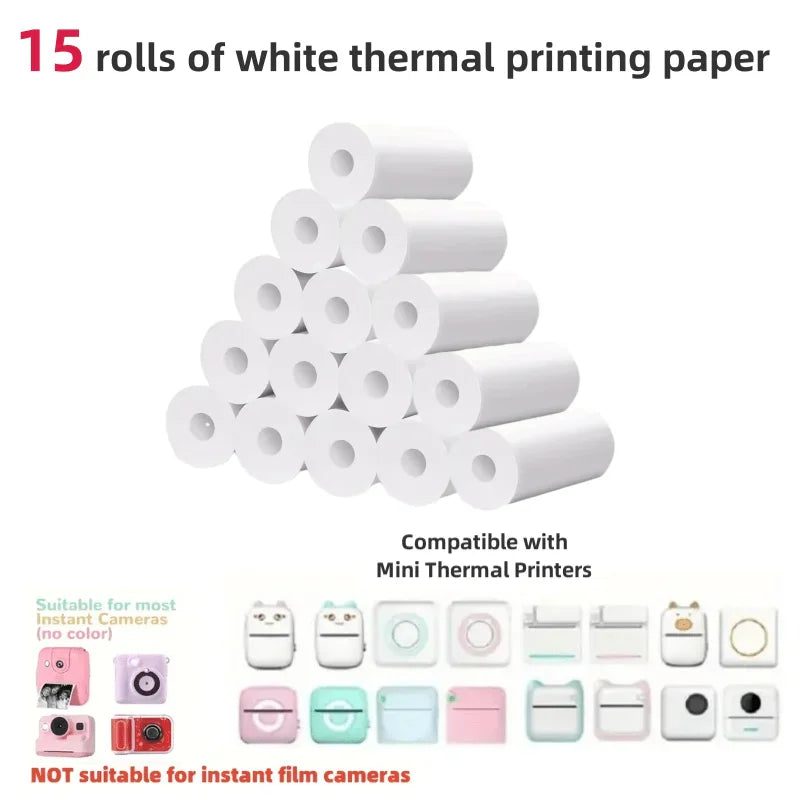 White thermal printing paper rolls in a pyramid stack with miniature printer icons