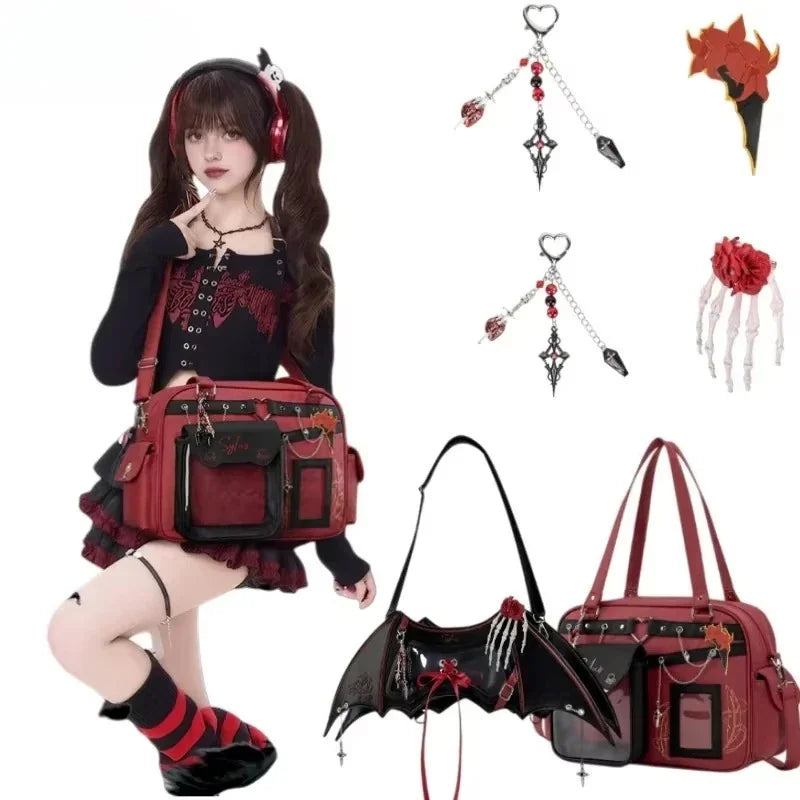 Gothic style red and black ita bag with accessories and a model.