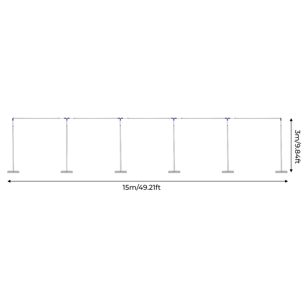 Diagram showing dimensions of a 15 meter by 3 meter wedding backdrop stand