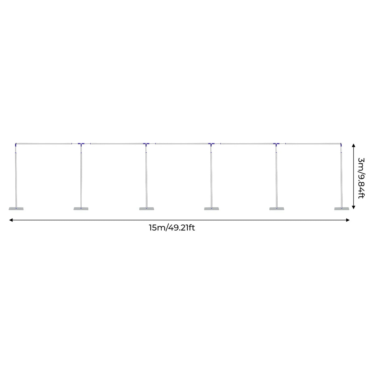 Diagram showing dimensions of a 15 meter by 3 meter wedding backdrop stand
