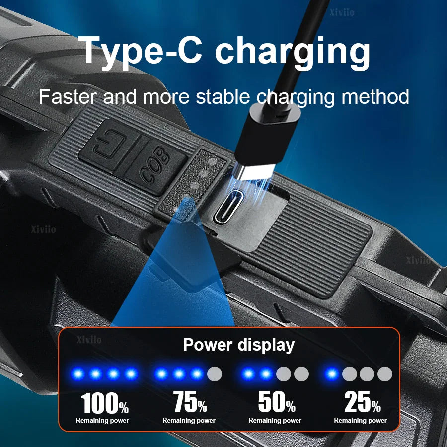 Tactical flashlight showing Type-C charging port and blue LED battery level indicator.