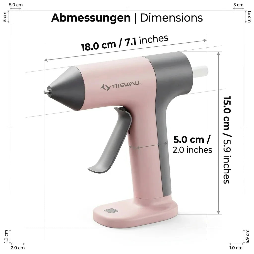 Annotated diagram showing the exact dimensions of a cordless glue gun