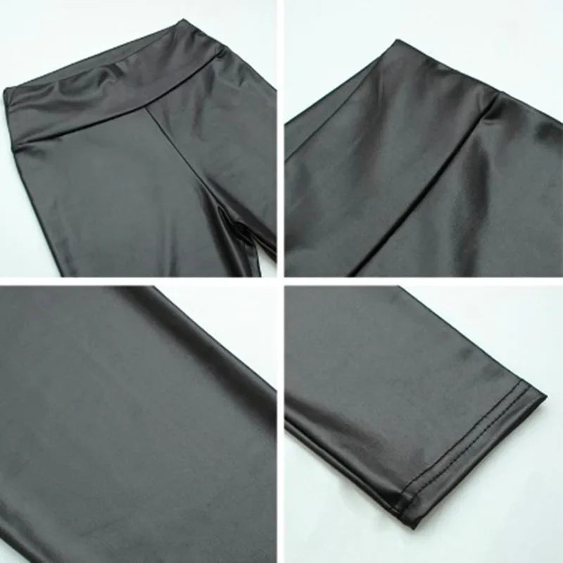 Close-up detail shots of the fabric and stitching of black faux leather leggings