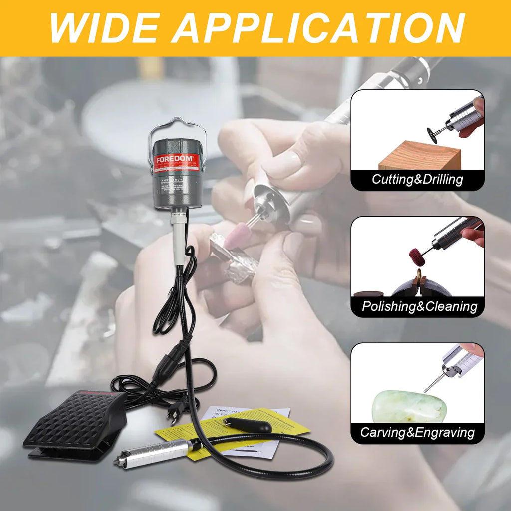 Hanging motor rotary tool showing various applications like cutting, drilling, polishing, and engraving