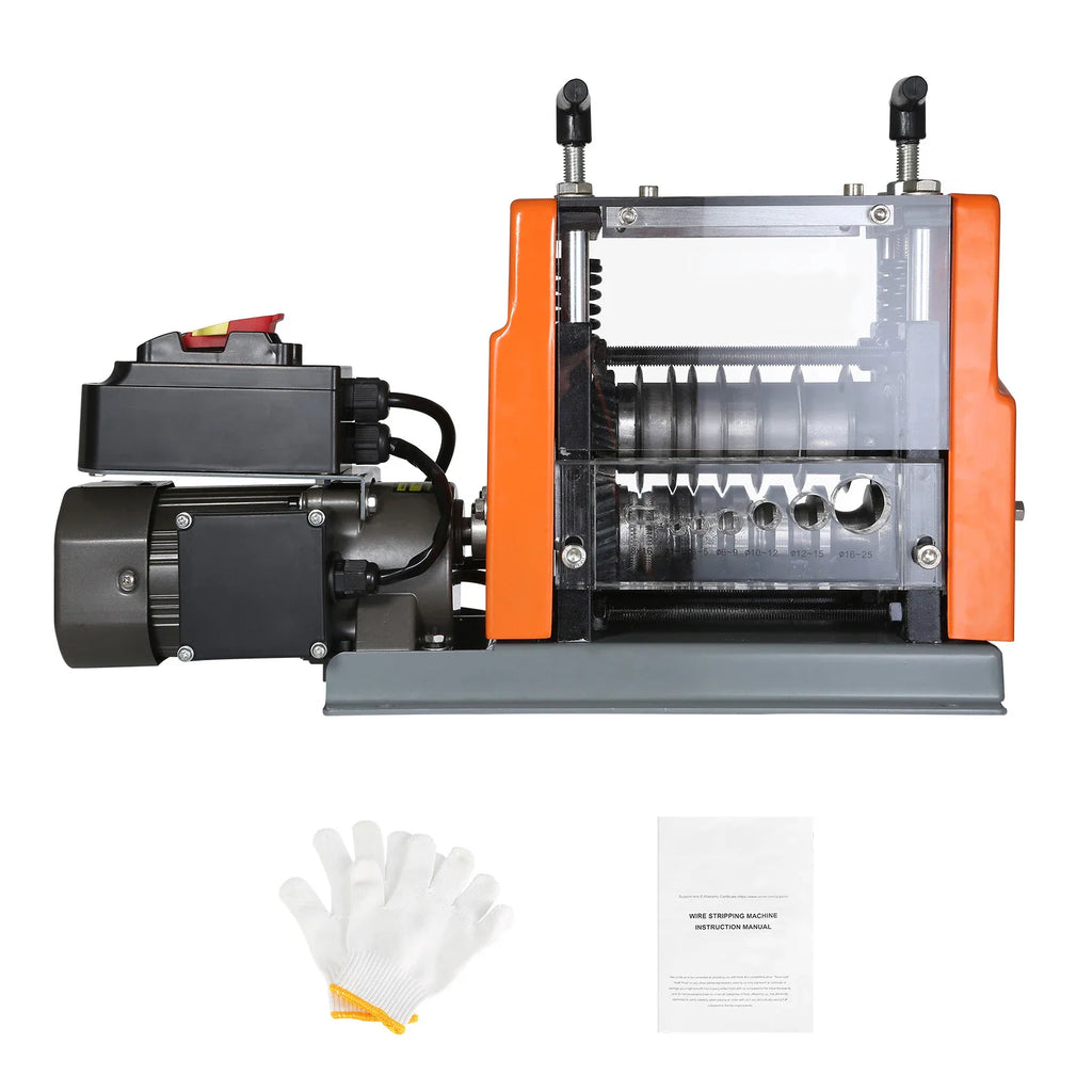 Electric wire stripping machine with orange frame, including white protective gloves and an instruction manual.