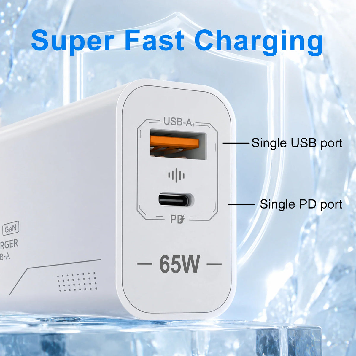 Close-up of white 65W fast charger showing USB-A and USB-C ports.