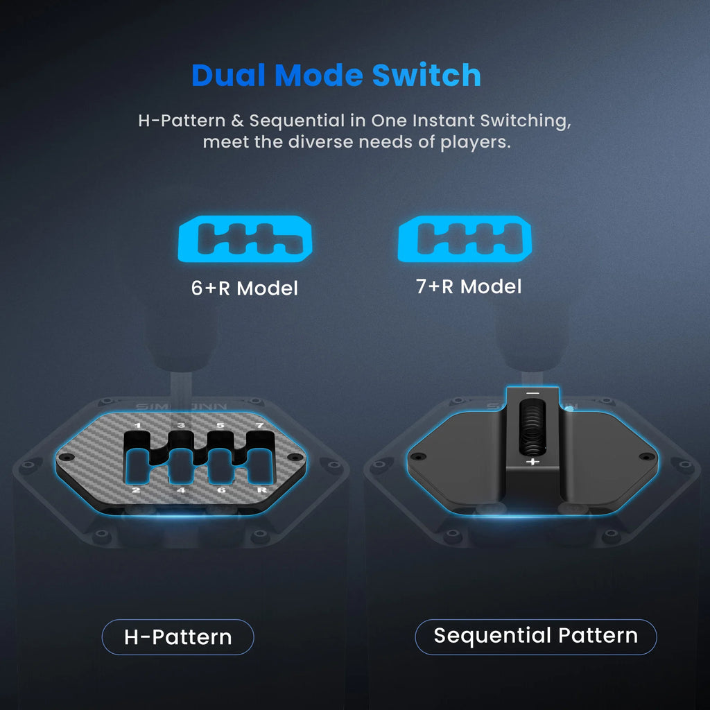 Diagram showing the dual-mode switching mechanism between H-pattern and sequential shifting for a simulator gear shifter