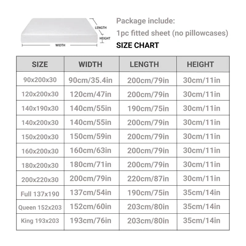 Size chart table for a fitted mattress protector showing dimensions in centimeters and inches