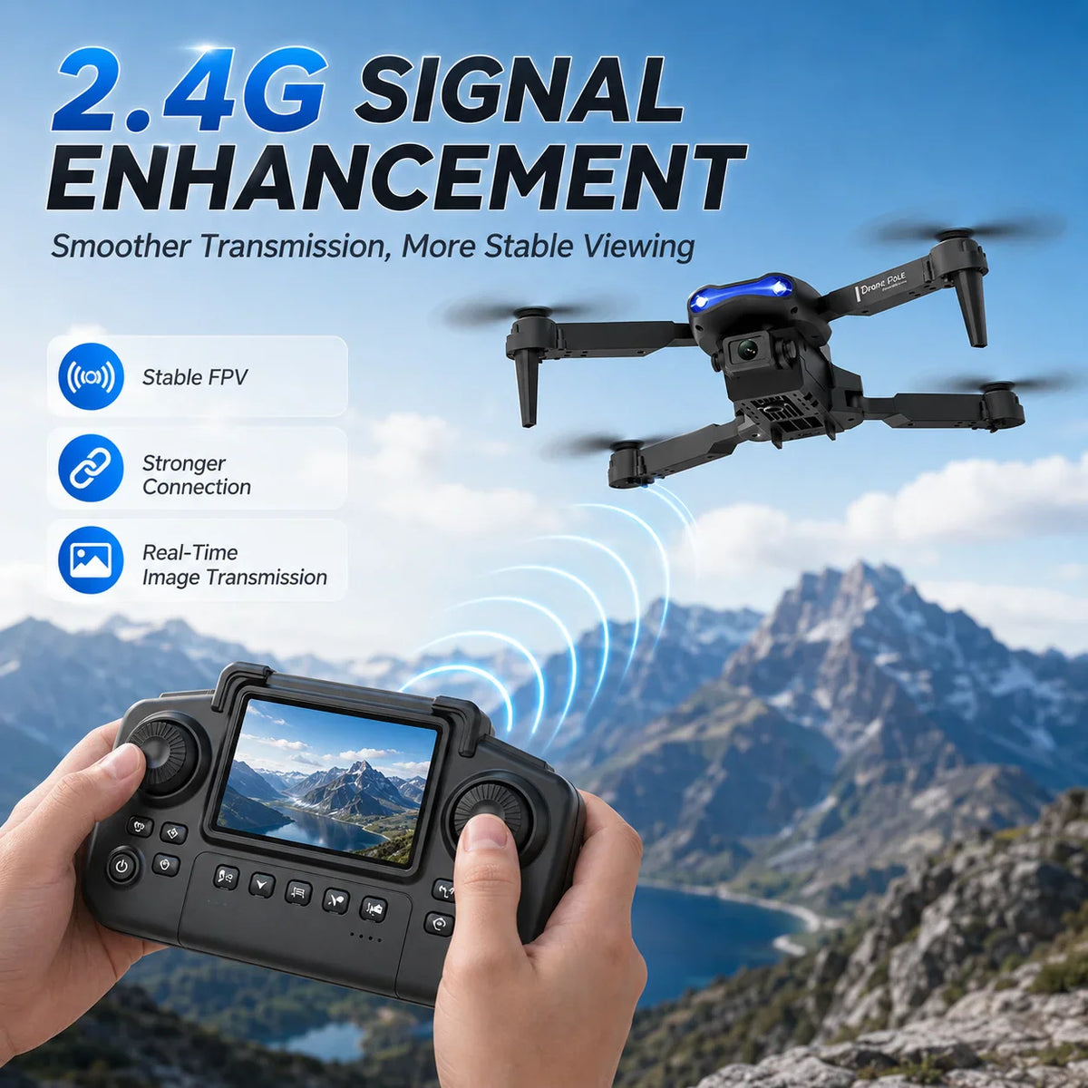 2.4G signal enhancement visual for a foldable drone and remote controller.