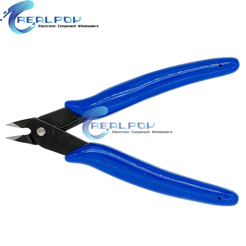 Side profile of blue handled electronic wire cutting nippers