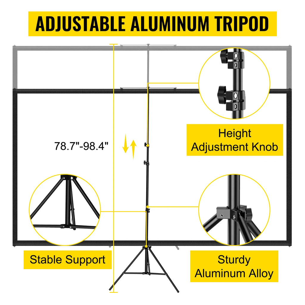 Adjustable tripod stand features for projector screen with height adjustment knobs