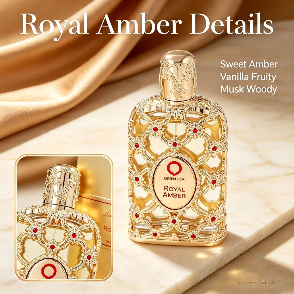 A gold perfume bottle with ornate filigree and a zoomed-in detail view of the bottle's cap.